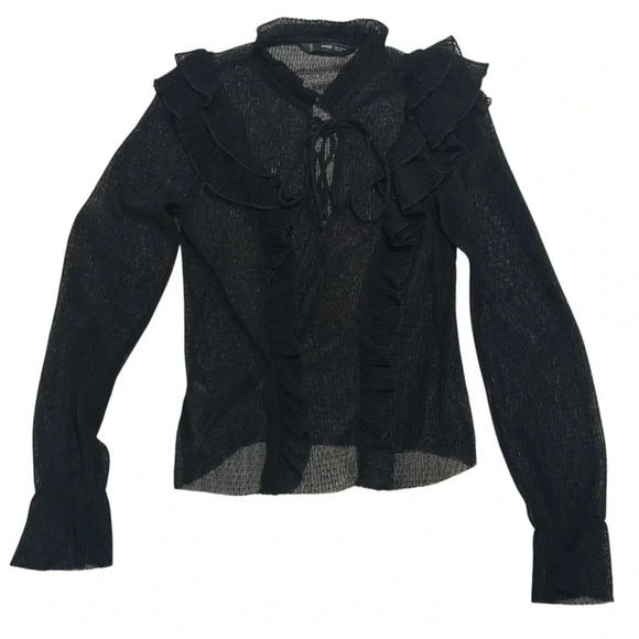 Mango MNG Sheer Lace Ruffle Blouse w/ Lace-Up Neck in Black Women’s Medium - Picture 1 of 4